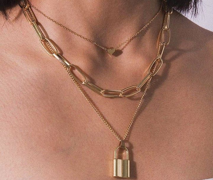 Golden Triple Layered Heart And Lock Pendant Necklace