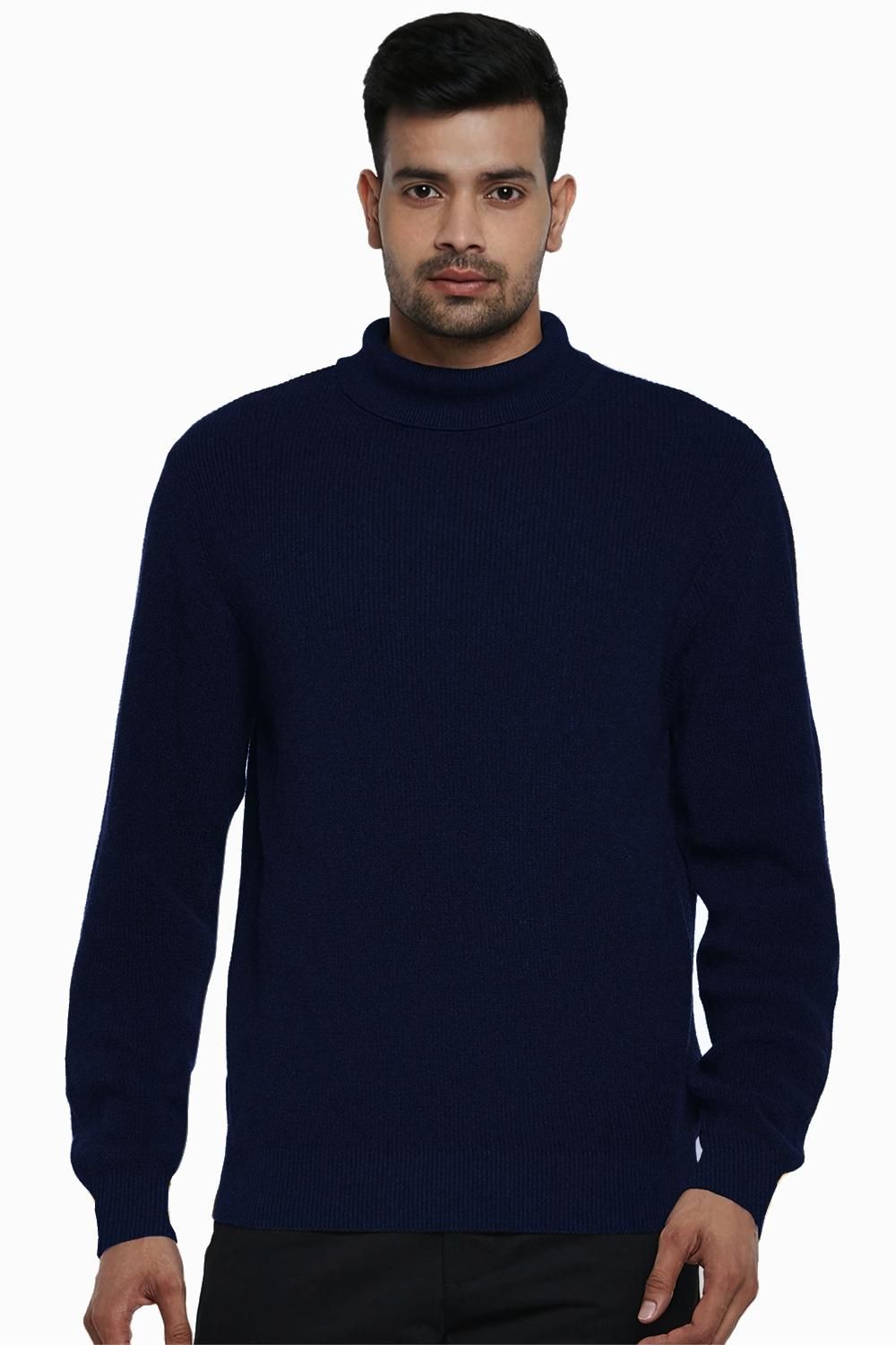 Men's Woolen Navy Blue High Neck Sweatshirt