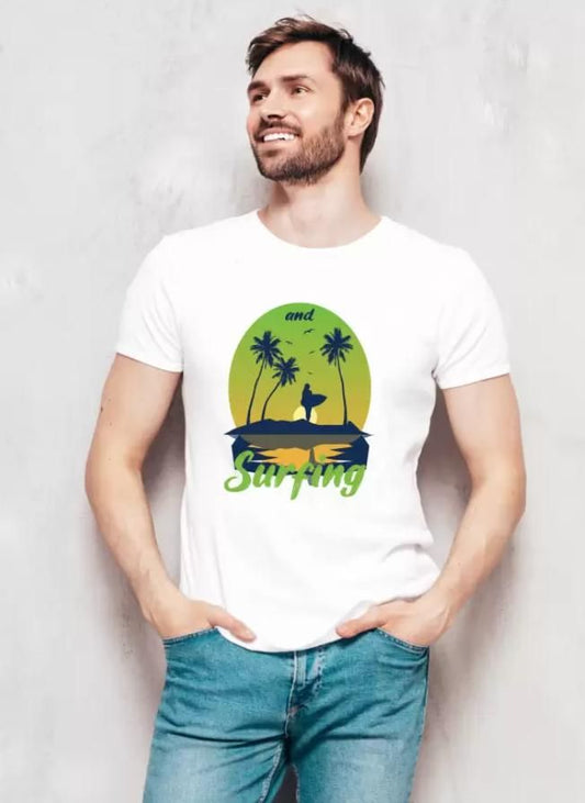 Men Printed Round Neck Cotton Blend White T-Shirt