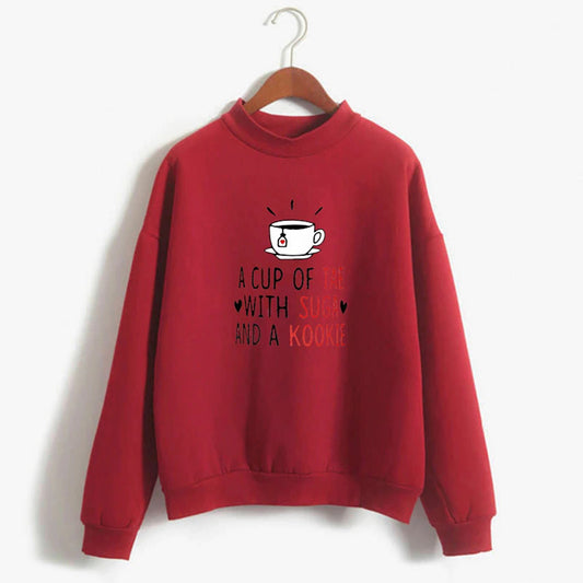 Red Printed Fleece Hoody Regular Fit Long Sleeve Women Sweatshirt