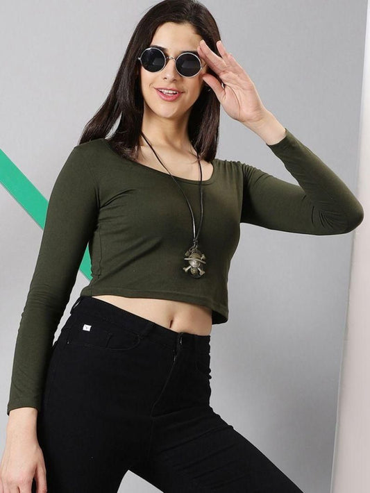 Women's Solid Scoop Neck Full Sleeve Crop Top