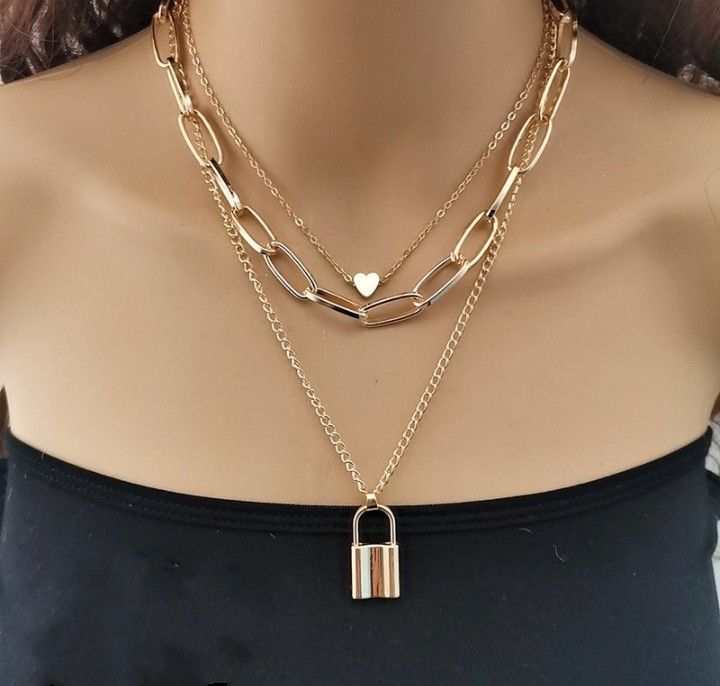 Golden Triple Layered Heart And Lock Pendant Necklace