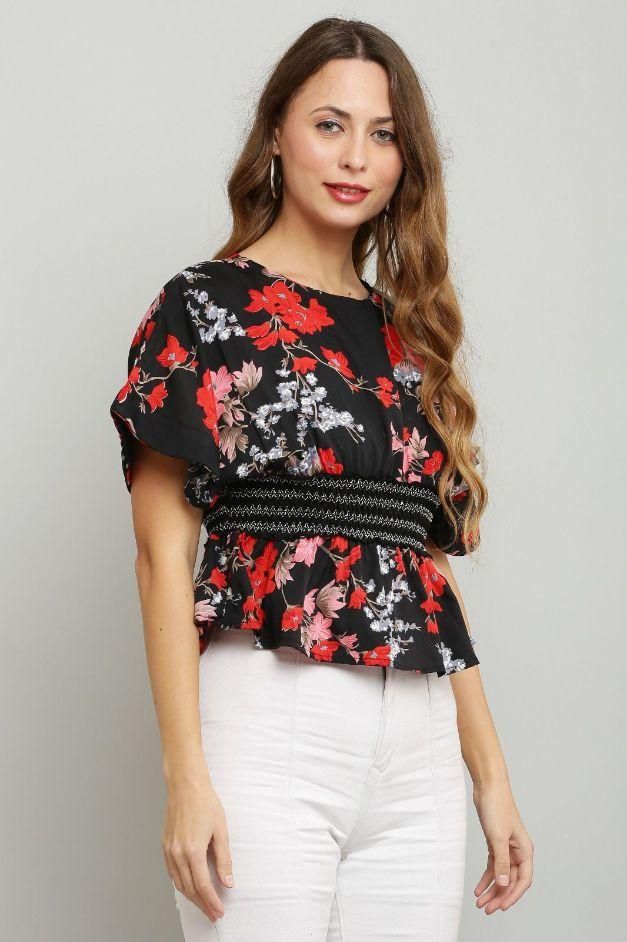 Women's  Cinched Lace Waist Printed Top