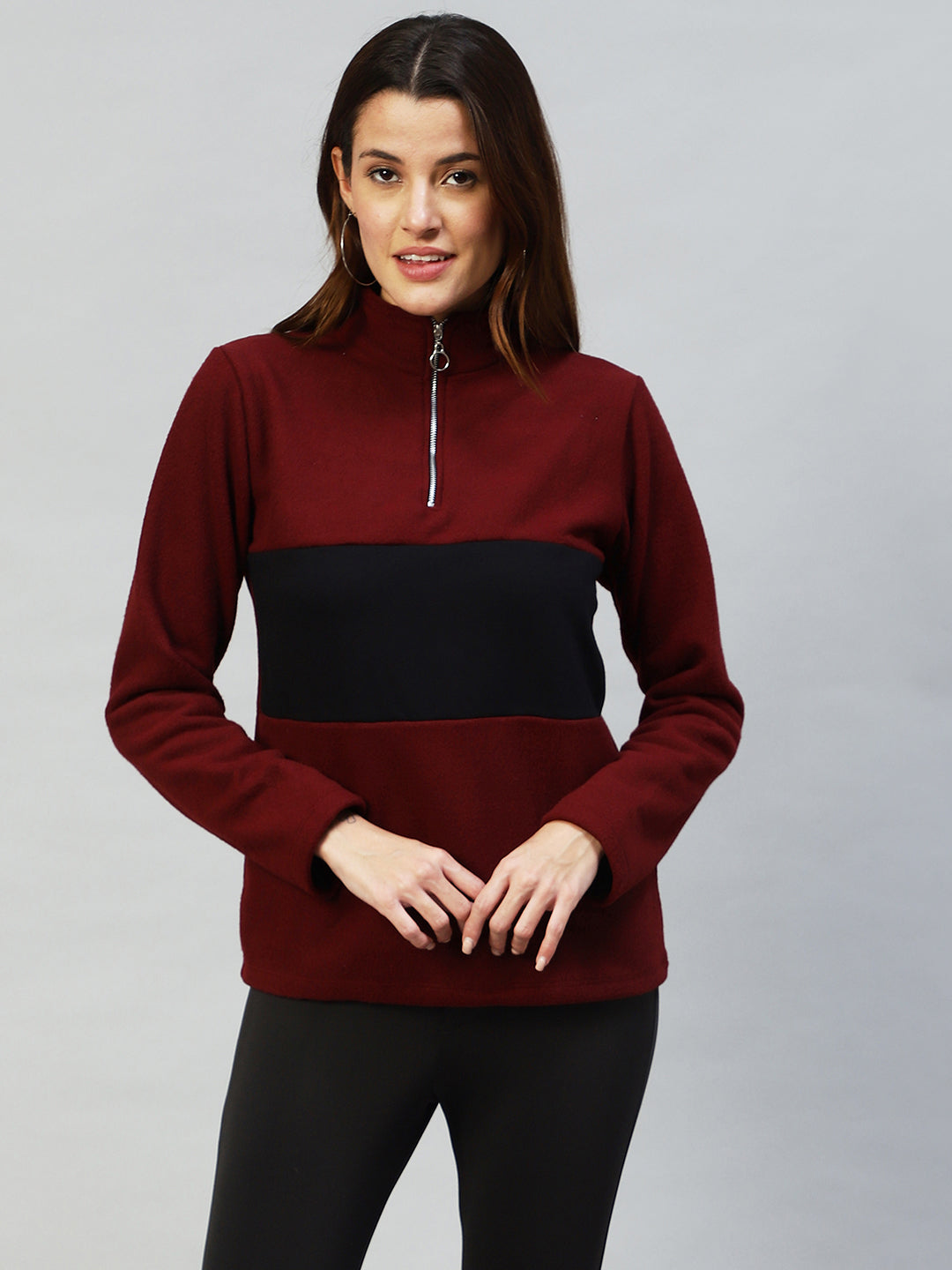 Women Colourblocked High Neck Sweatshirt