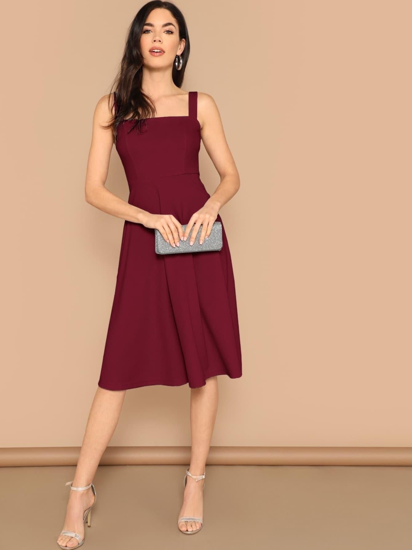 Women's Maroon Solid Shoulder Strap Flared Short Dress