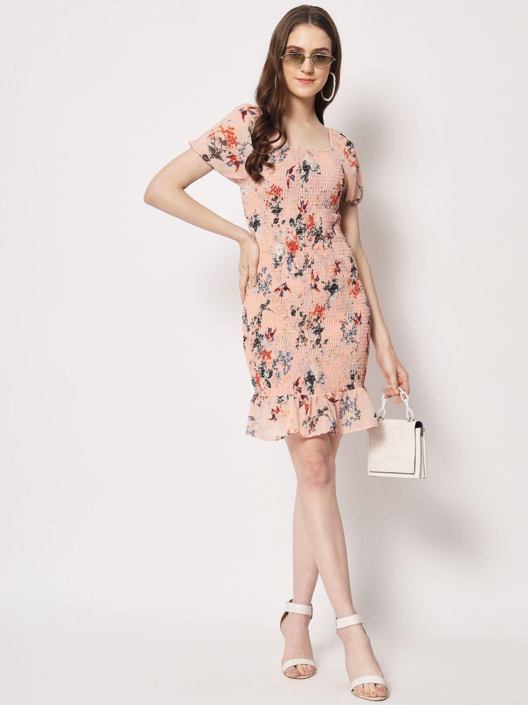 Women's Peach Printed Smocking Dress