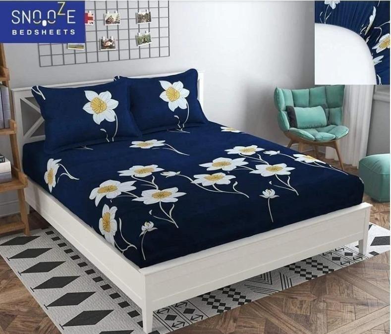 Fitted bedsheet Blue and white flower Contrast Pillow cover set (Pack of 2)