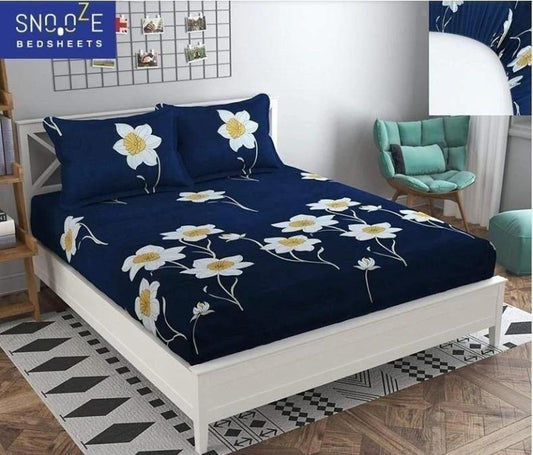 Fitted bedsheet Blue and white flower Contrast Pillow cover set (Pack of 2)