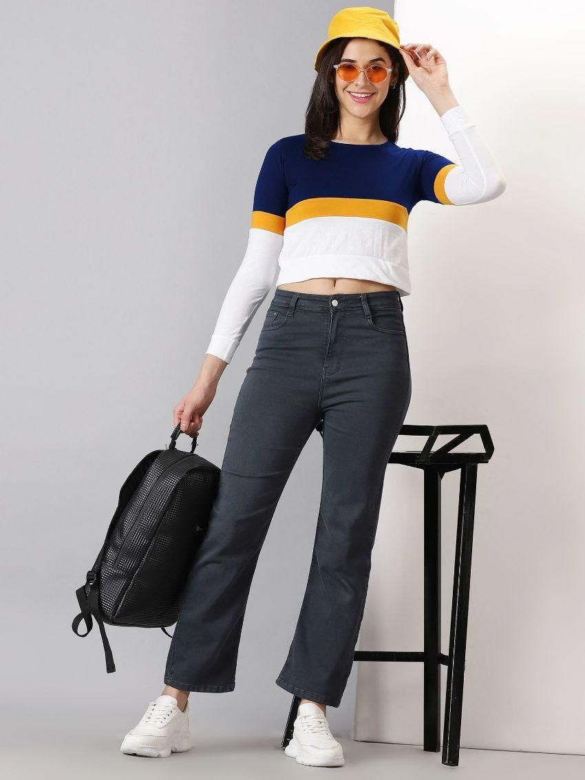 Women's Color Block Full Sleeve Crop Top