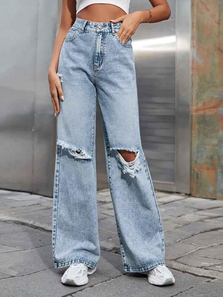 Wide Knee Cut Rugged denims For Women