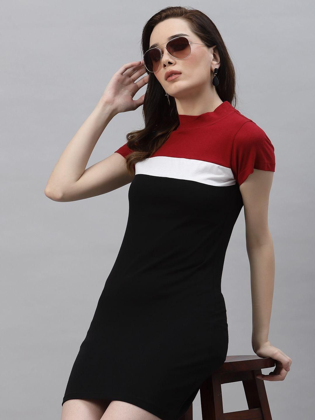 Women Maroon Black White Color Block Round Neck Short Sleeve Bodycon Dress