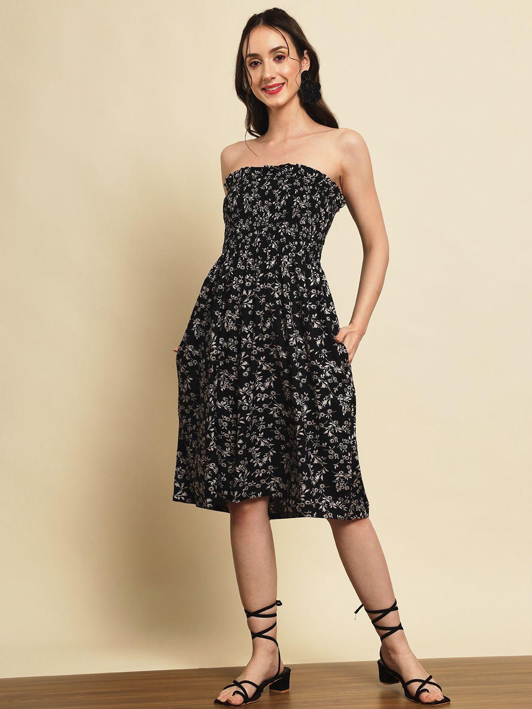 Women's Rayon Black Floral Print Smocking Short Dress