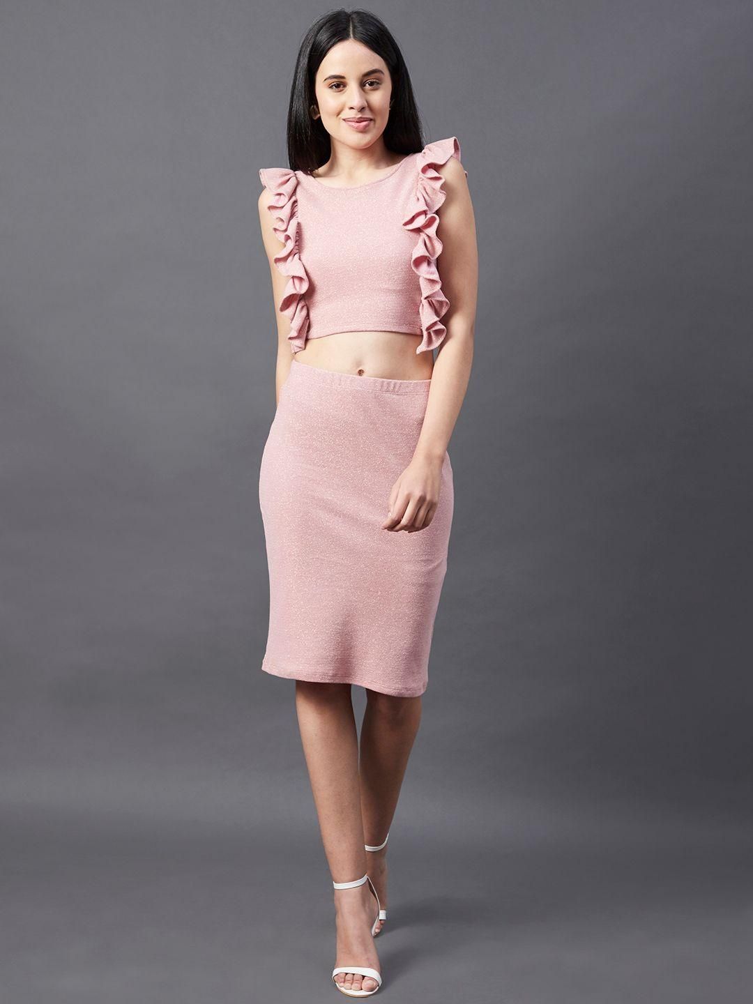 Women Peach Ruffle Shimmering Sleeveless Co-Ord Set