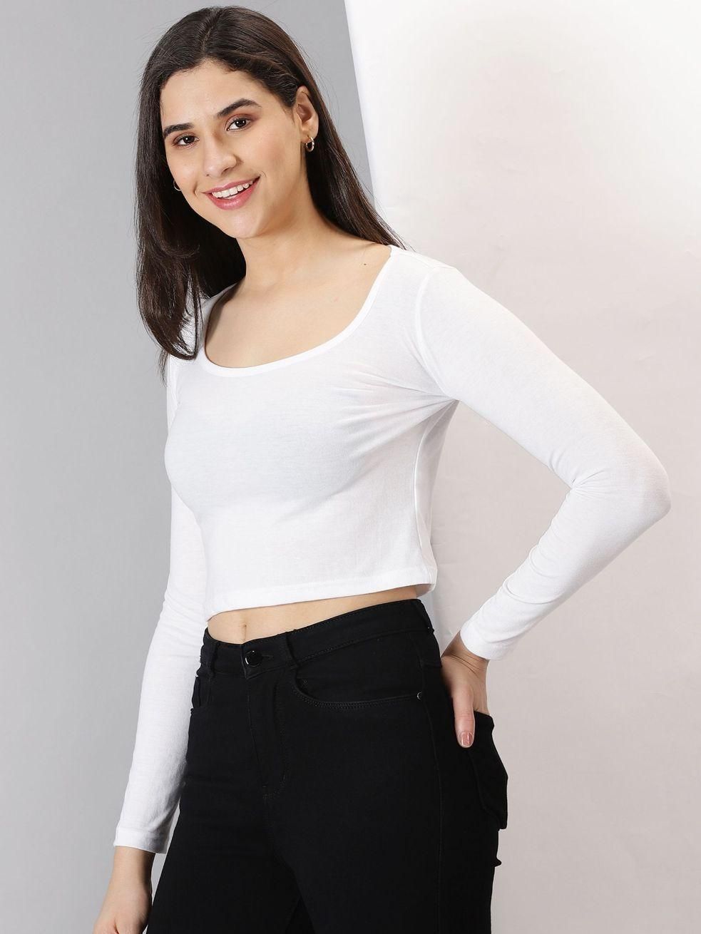 Women's  Solid Scoop Neck Full Sleeve Crop Top