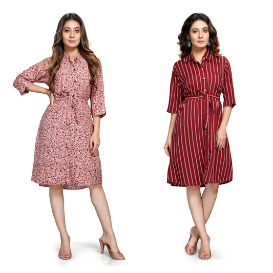 Women's Crepe Printed Shirt Style Short Dress (Buy 1 Get 1 Free)