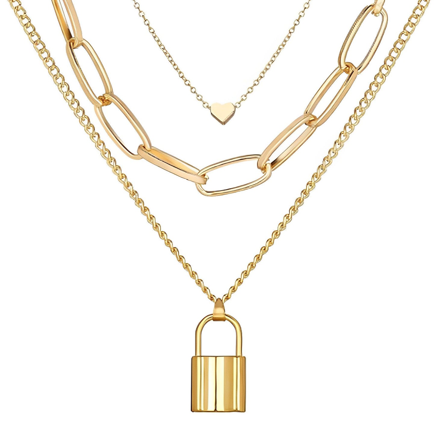 Golden Triple Layered Heart And Lock Pendant Necklace