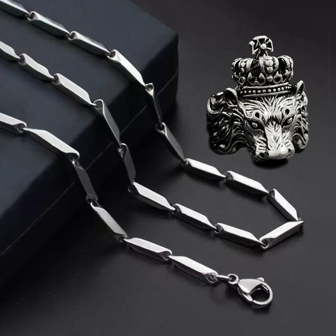 Silver plated chain with silver plated adjustable ring combo set Rhodium Plated Stainless Steel Chain