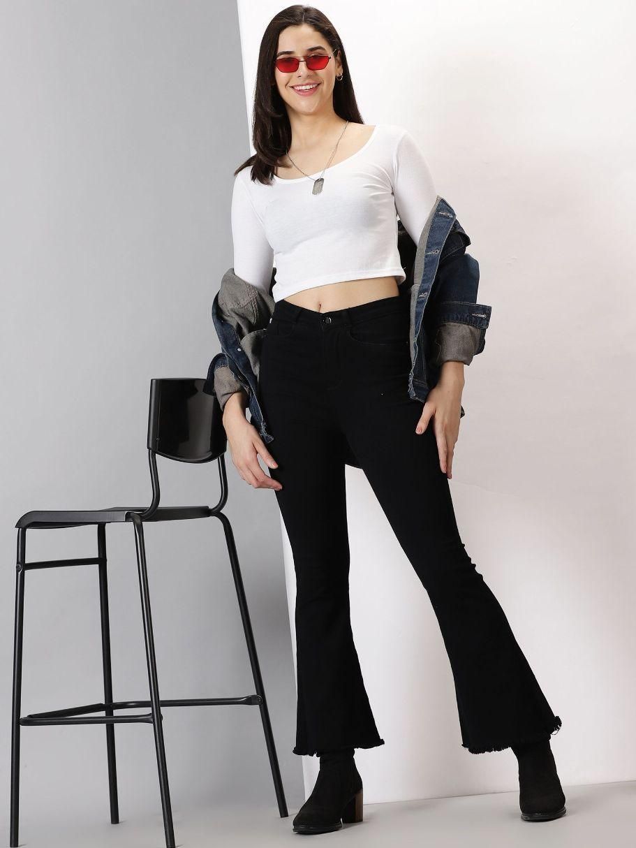 Women's  Solid Scoop Neck Full Sleeve Crop Top