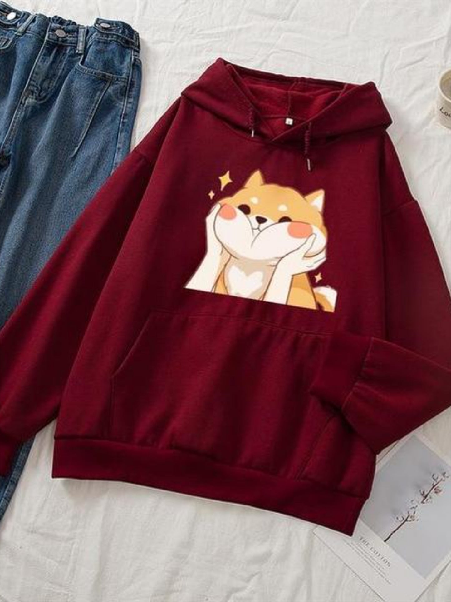 Maroon Printed Fleece Hoody  Women Sweatshirt