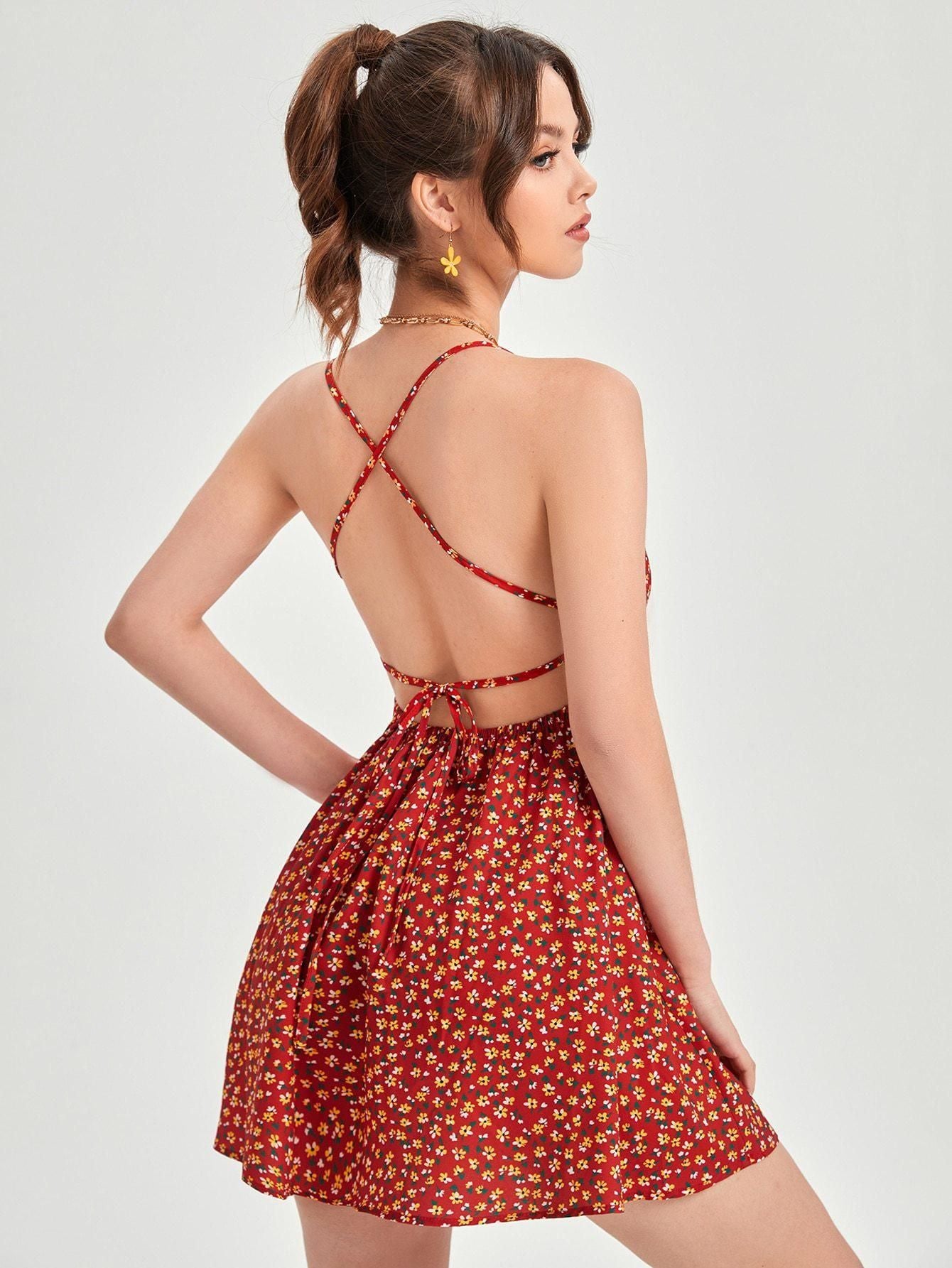 Women's Red Floral Print Back Crisscross Mini Short Dress