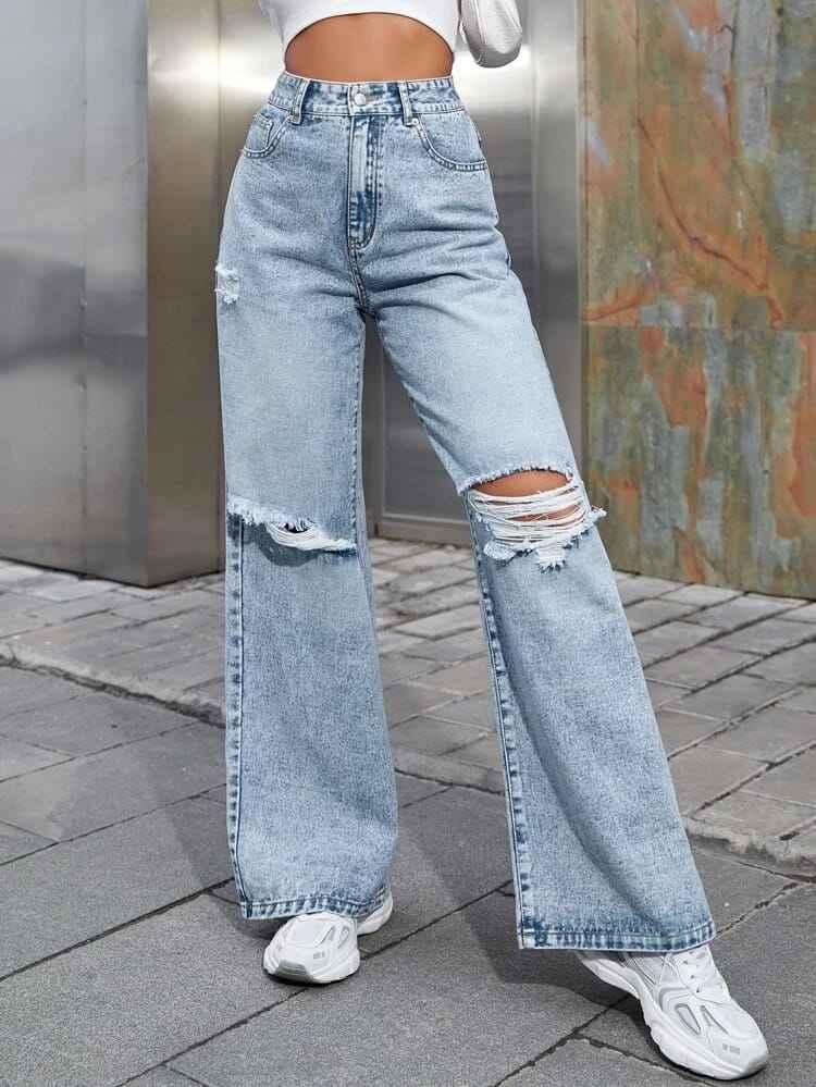 Wide Knee Cut Rugged denims For Women