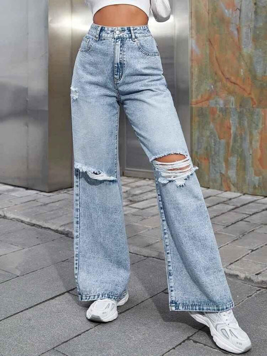 Wide Knee Cut Rugged denims For Women