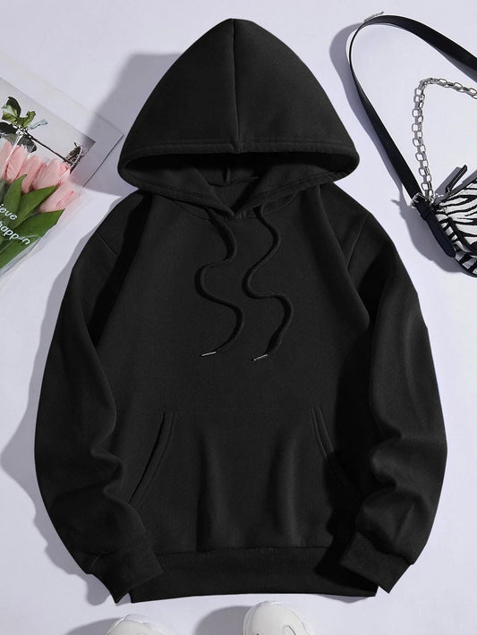 Women's Solid Black Fleece Hoodies