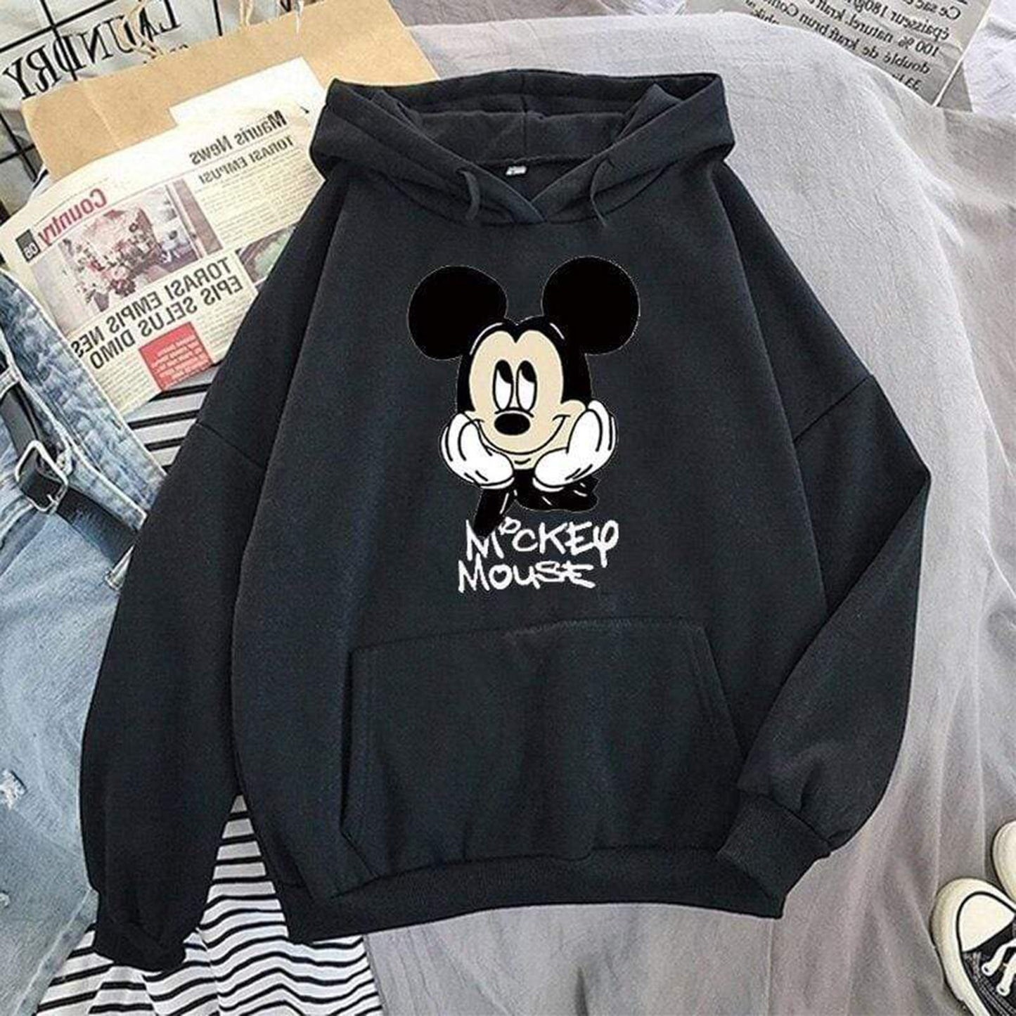 Black Printed Fleece Hoody Regular Fit Long Sleeve Women Sweatshirt