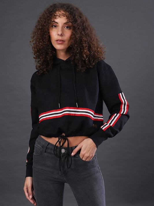 Women's  Cotton Black Narrow Stripes Sweatshirt