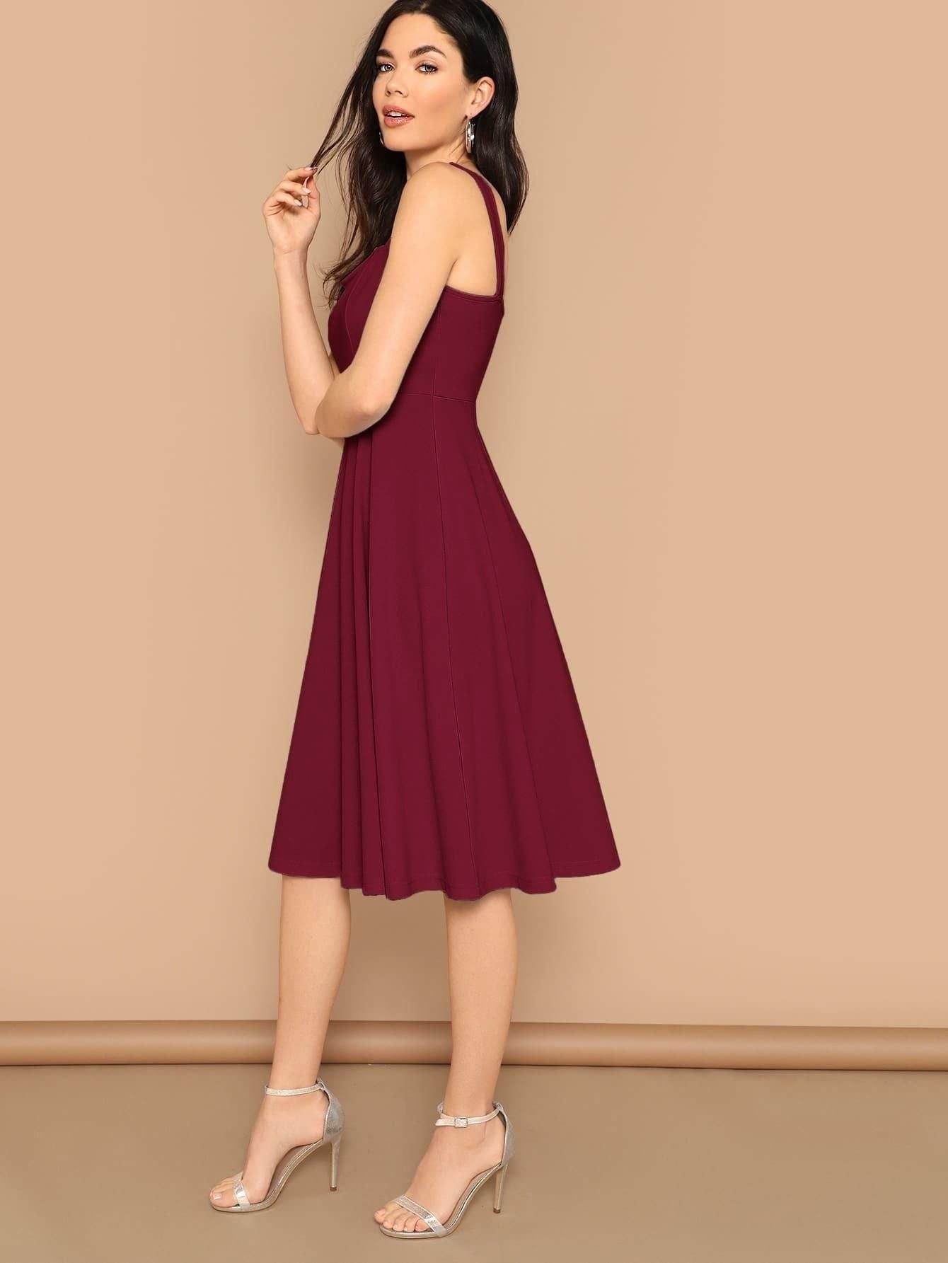 Women's Maroon Solid Shoulder Strap Flared Short Dress