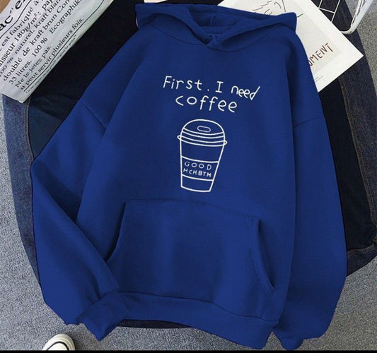 Royal Blue Printed Fleece Hoody Regular Fit Long Sleeve Women Sweatshirt