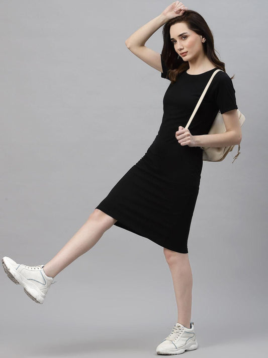 Women Black Round Neck Shorts Sleeve Bodycon Dress