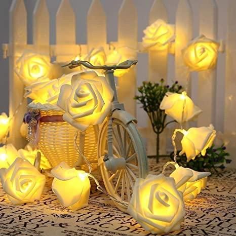 Rose Flower Led Serial String Lights - |10 Feet 14 Led Rose Lights (Warm White Plug-in)