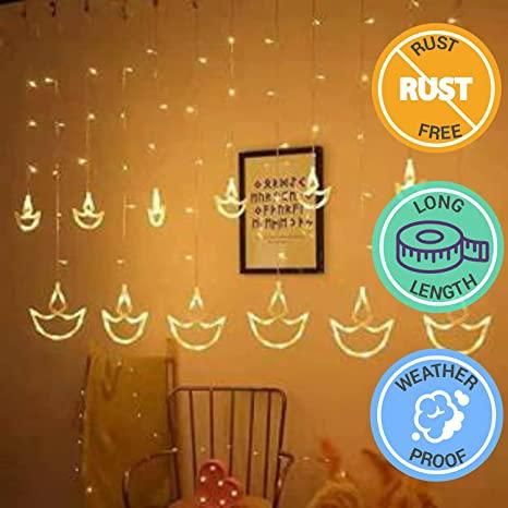 Warm White Diya/Diwali Light Curtain Led String Lights with Pack of 12 Hanging Diyas