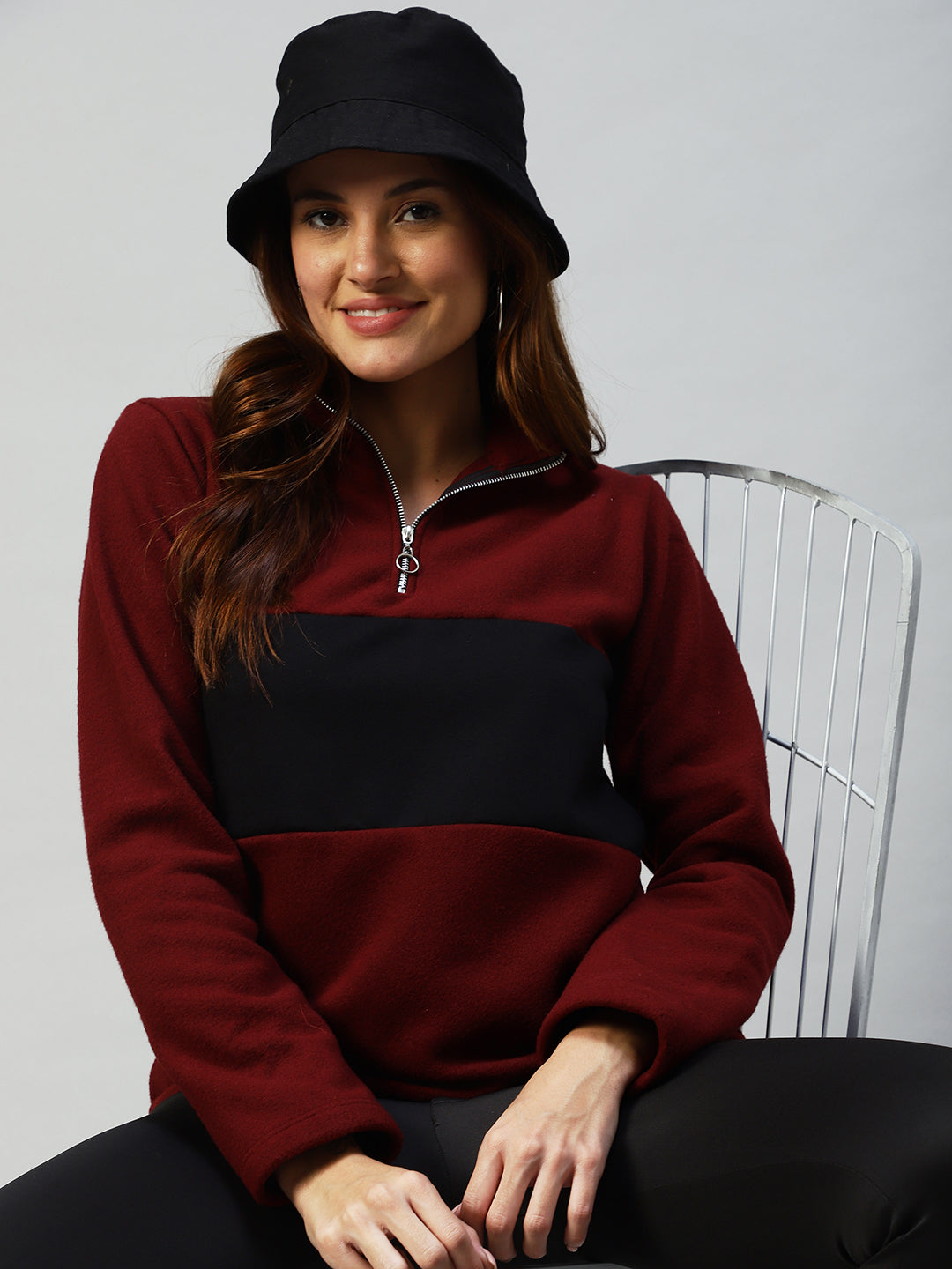 Women Colourblocked High Neck Sweatshirt