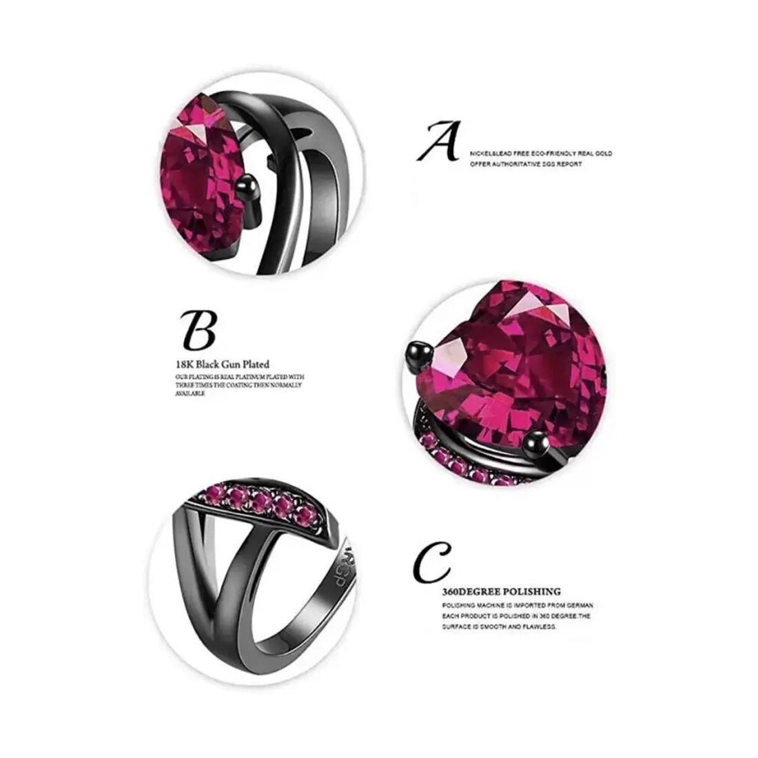 Valentine Love Blood Pink Heart Shape Diamond Ring Stainless Steel Cubic Zirconia Black Silver Plated Ring