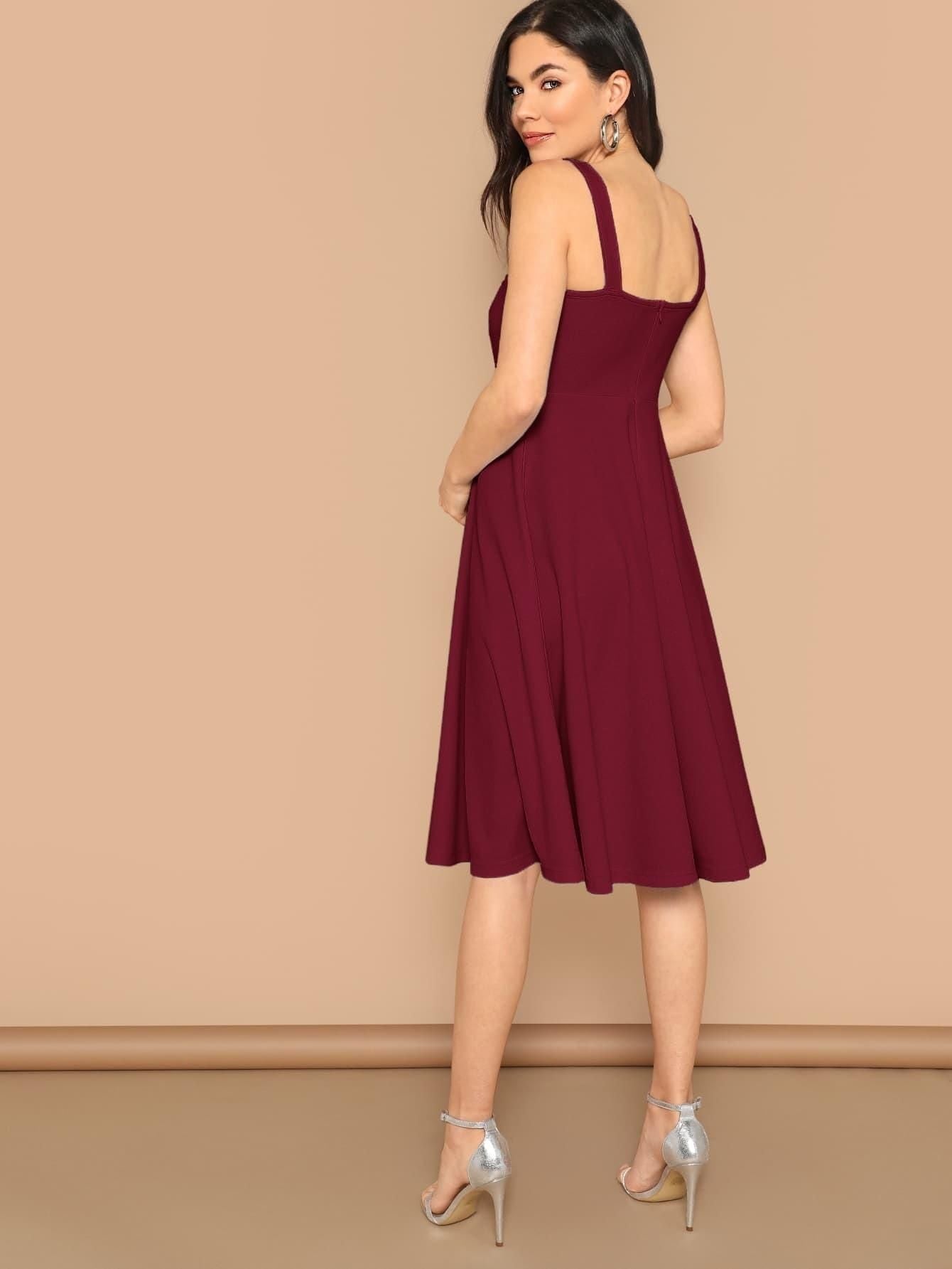 Women's Maroon Solid Shoulder Strap Flared Short Dress