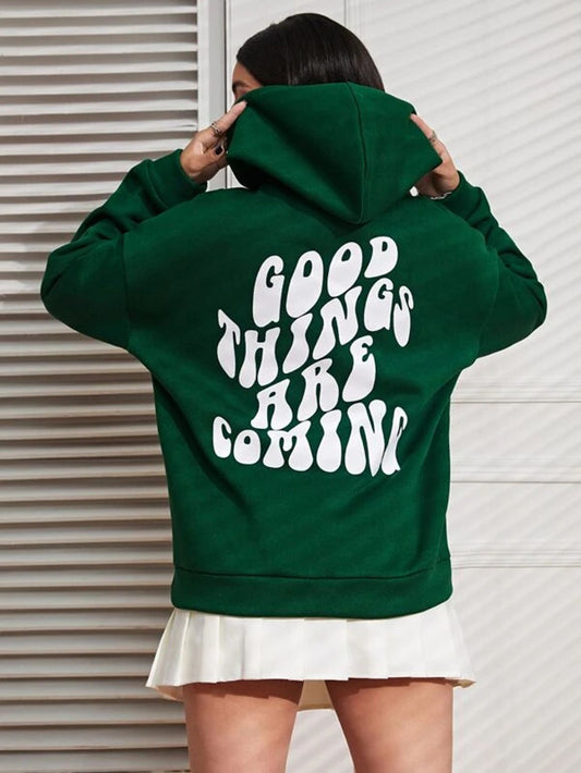 Bottle Green Printed Fleece Hoody oversized Long Sleeve Women Sweatshirt