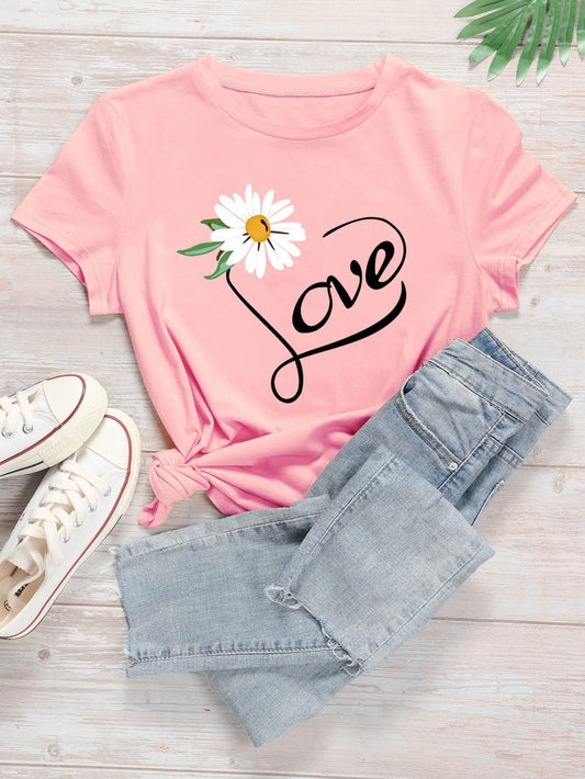 Pink Printed Cotton Round Neck T-Shirt