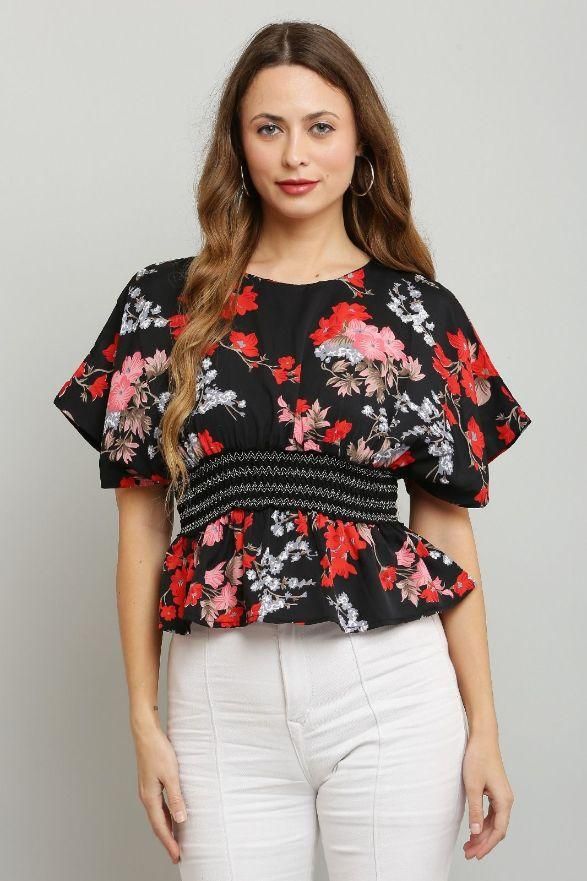 Women's  Cinched Lace Waist Printed Top