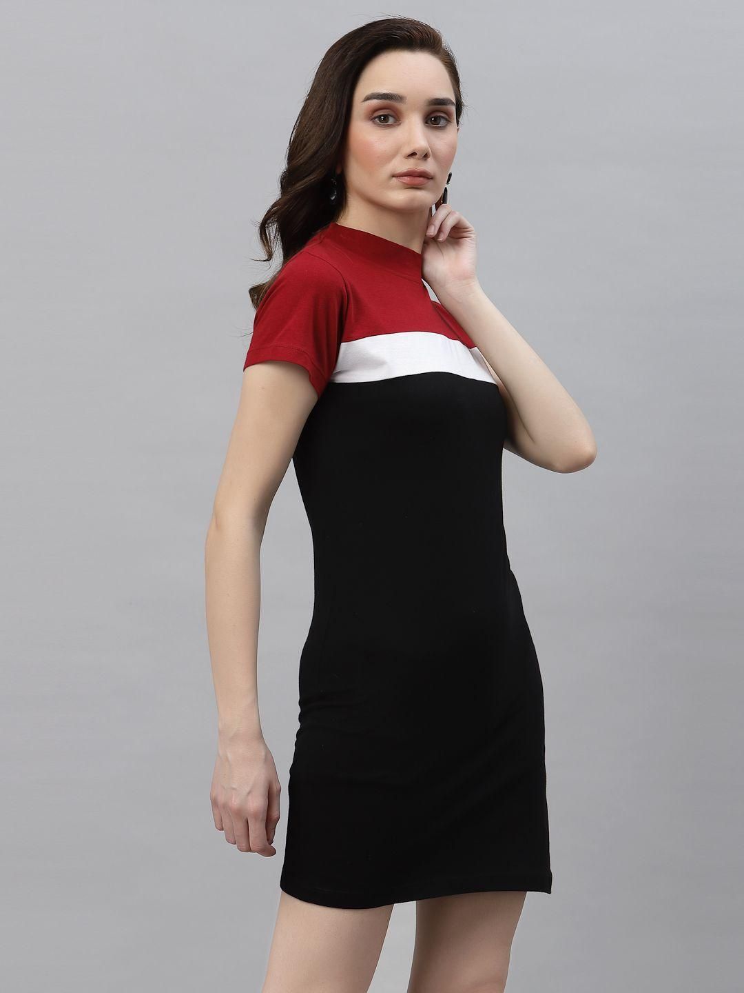 Women Maroon Black White Color Block Round Neck Short Sleeve Bodycon Dress