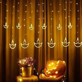 Warm White Diya/Diwali Light Curtain Led String Lights with Pack of 12 Hanging Diyas