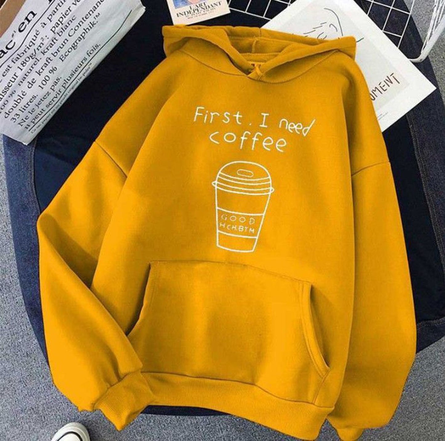 Mustard Printed Fleece Hoody Women Sweatshirt