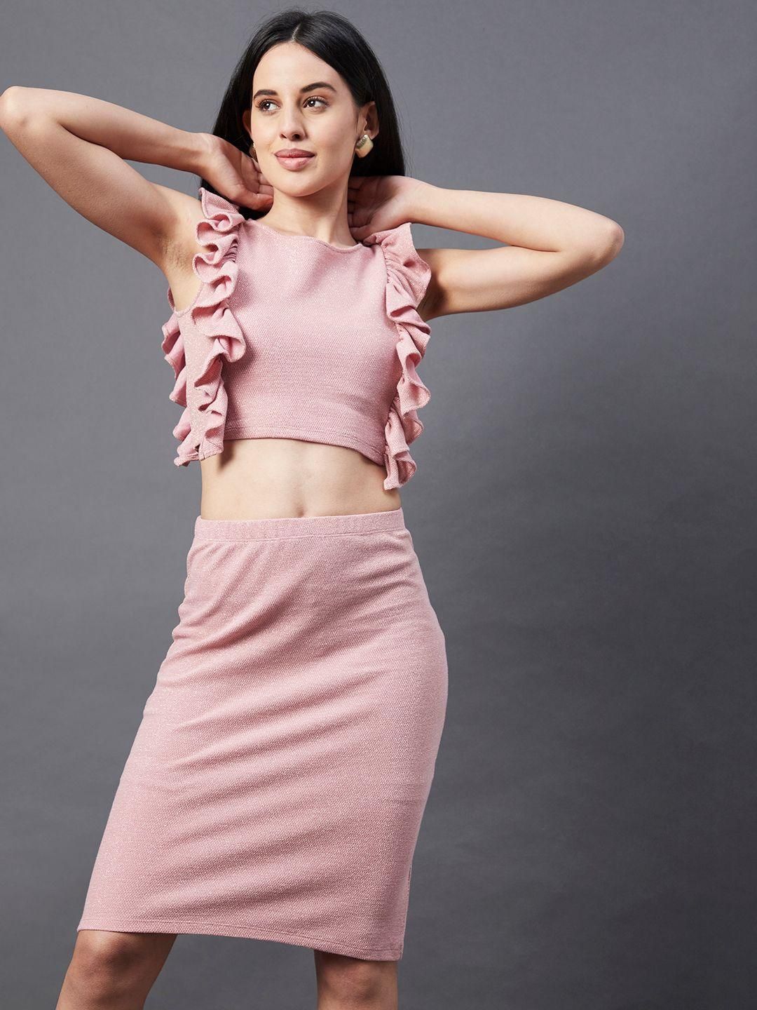 Women Peach Ruffle Shimmering Sleeveless Co-Ord Set