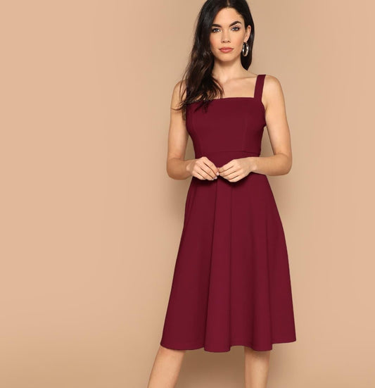 Women's Maroon Solid Shoulder Strap Flared Short Dress