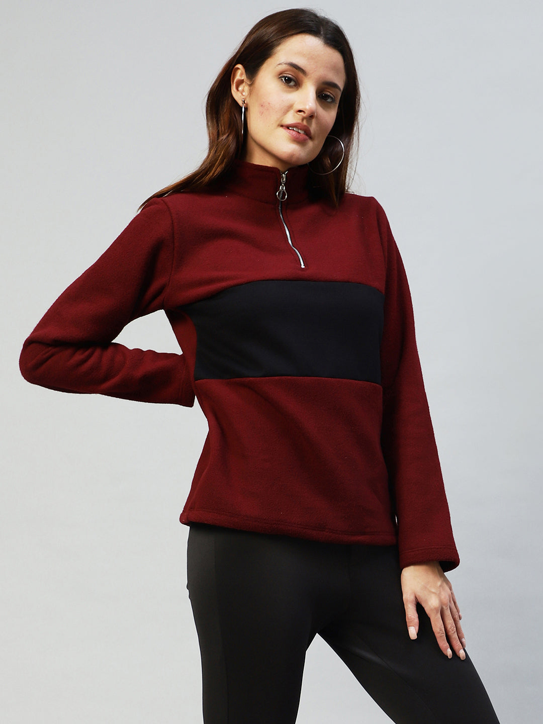 Women Colourblocked High Neck Sweatshirt