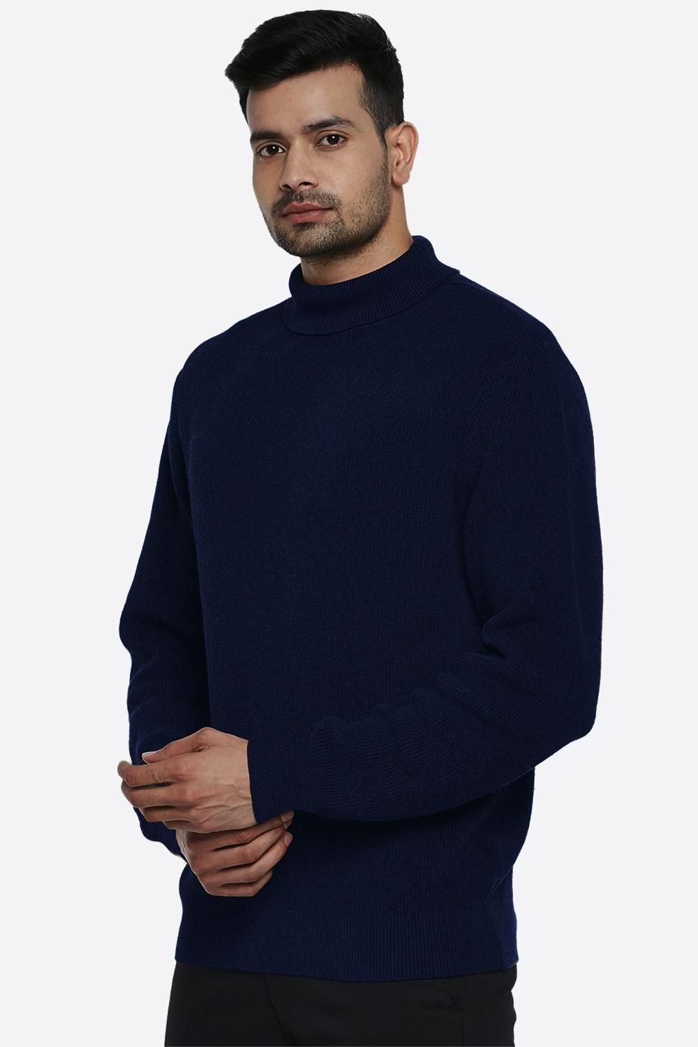 Men's Woolen Navy Blue High Neck Sweatshirt