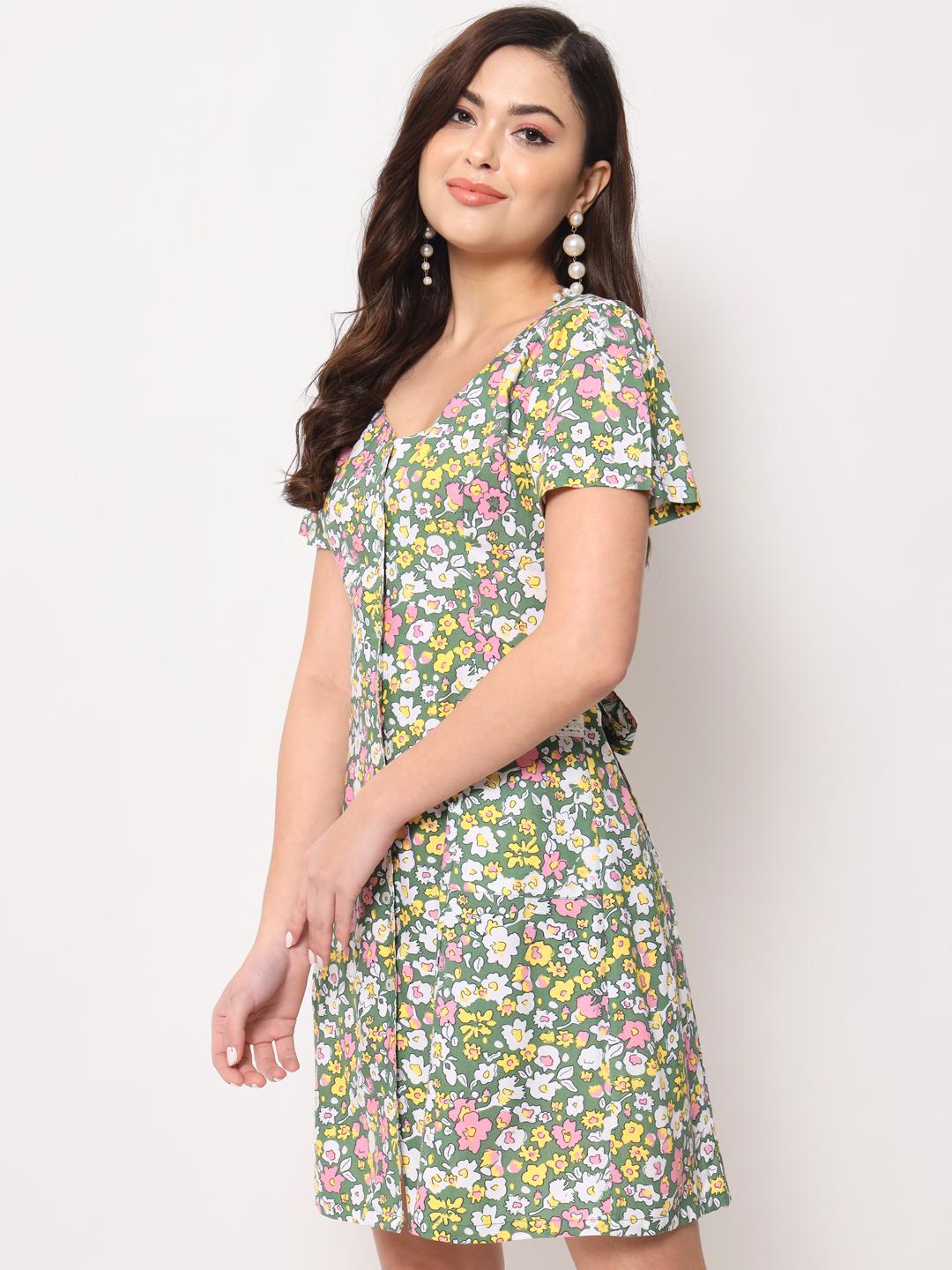 Women's Rayon Green Floral Printed Short Dress