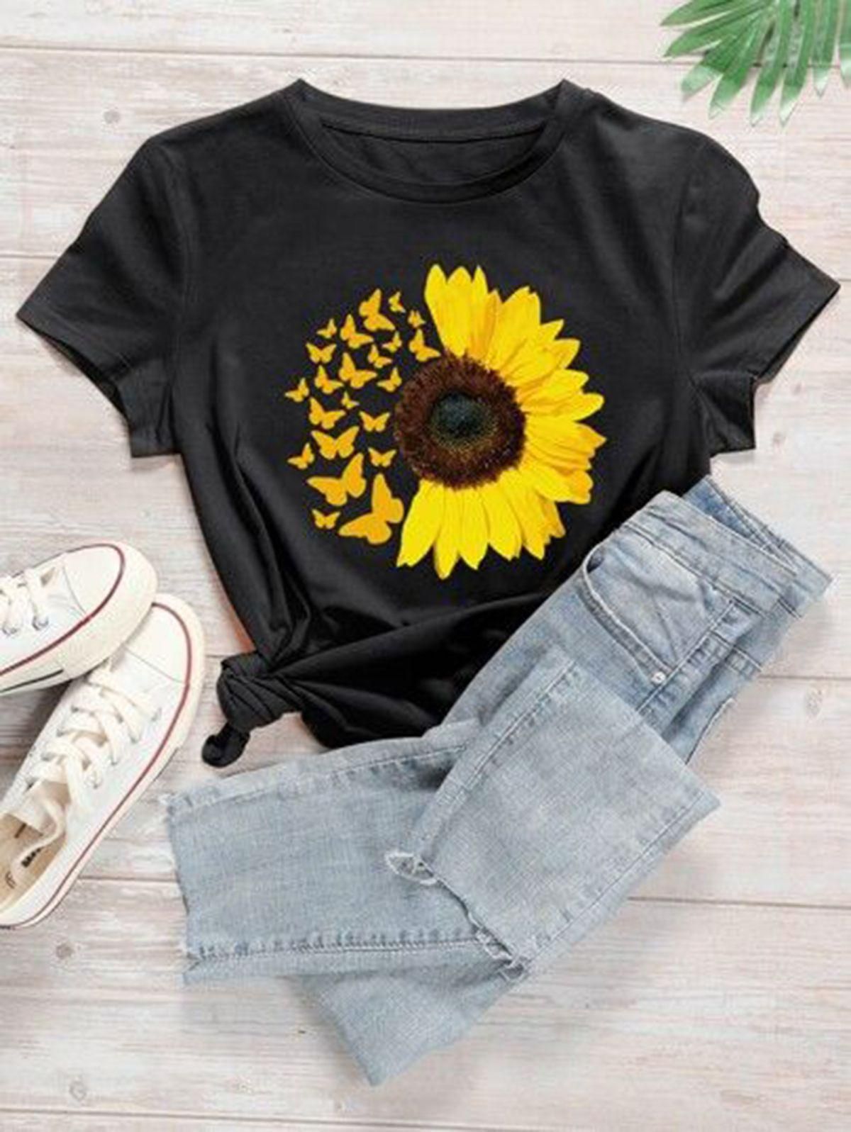 Black Printed Cotton Round Neck Regular Fit Half Sleeve Women's T-Shirt