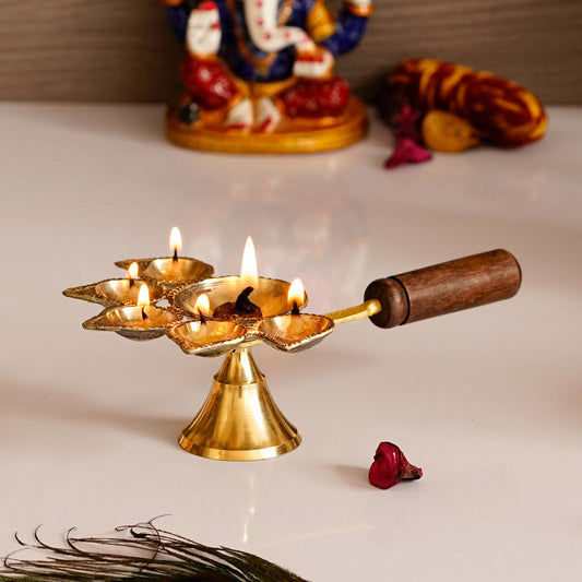 eCraftIndia Brass Panchdeep Diya for 5 Cotton Wicks With Wooden Holder